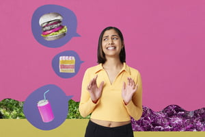 Ilustração colorida de uma jovem pensando em alimentos ultraprocessados - Metrópoles