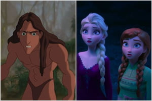 Montagem com as fotos coloridas de Tarzan, Elsa e Anna, personagens de animações da Disney - Metrópoles