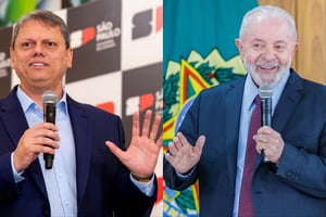 Montagem mostra o governador Tarcísio de Freitas e o presidente Lula