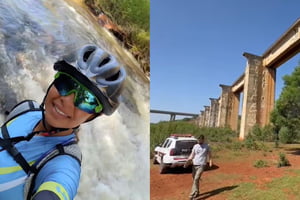 Montagem com duas imagens. À esquerda, foto da ciclista usando capacete. À direita, foto do local do acidente