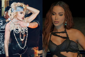 Montagem com fotos coloridas de Anitta e Madonna - Metrópoles