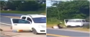 Imagem colorida de momento em que homem pula de carro, motorista faz manobra e cai. Depois carro desce ribanceira em Santa Catarina - Metrópoles