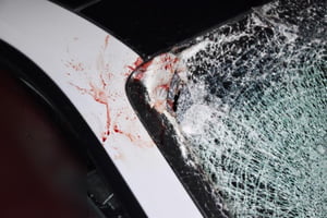Imagem de para-brisa de carro branco estilhaçado, com manchas de sangue - Metrópoles
