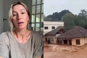 montagem com foto de Gisele Bündchen e foto de casa sendo atingida por enchente - metrópoles