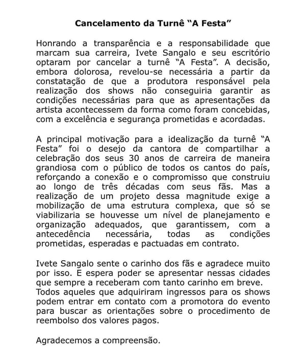 Nota oficial de Ivete Sangalo sobre cancelamento de turnê - Metrópoles