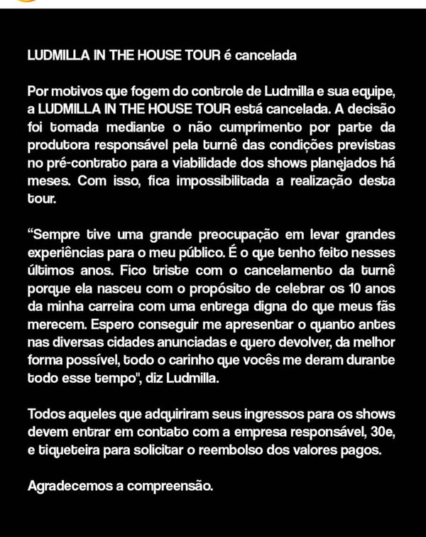 Comunicado de Ludmilla sobre cancelamento de turnê - Metrópoles
