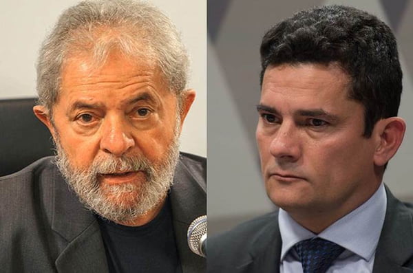 Em fotos coloridas, o presidente Lula e o ex-juiz e atual senador Sergio Moro