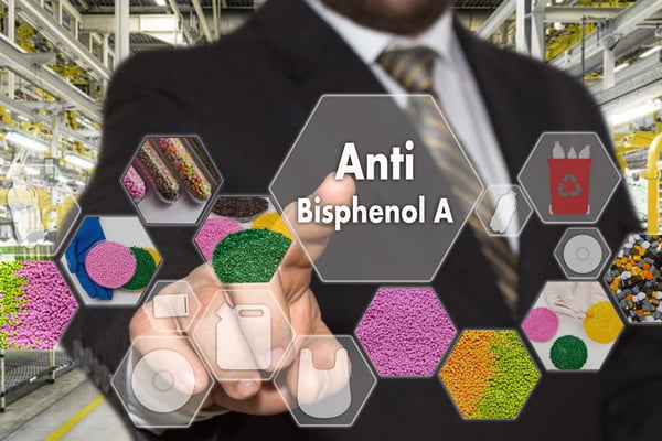 The businessman chooses Anti Bisphenol A on the virtual screen in industrial network connection.The concept made by plastic tare of Anti BPA