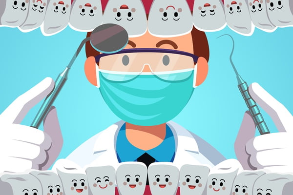 Dentist with dental instruments examining patient teeth. Inside of mouth view with smiling healthy tooth. Dentistry checkup concept. Flat isolated vector