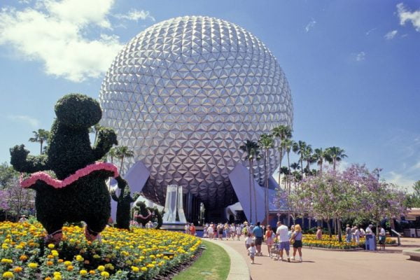 Florida, Orlando, Epcot Center, View Including Sphere And Topiary.