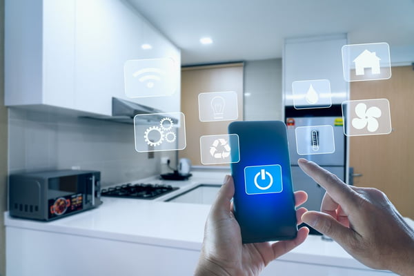 futuristic interface of smart home automation assistant on a virtual screen and a user touching a button