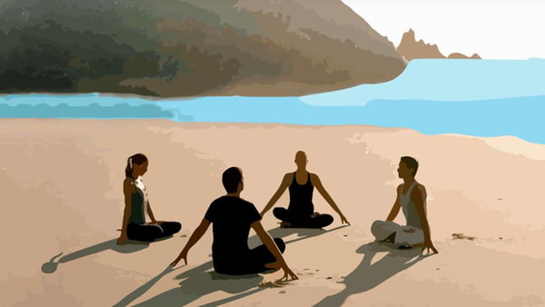 Arte de quatro pessoas meditando na praia