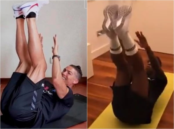 Cristiano Ronaldo e Vinicius Jr. no desafio do abdominal