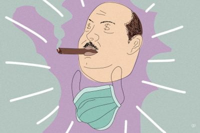 Ilustração de um homem com charuto na boca e uma máscara embaixo do queixo