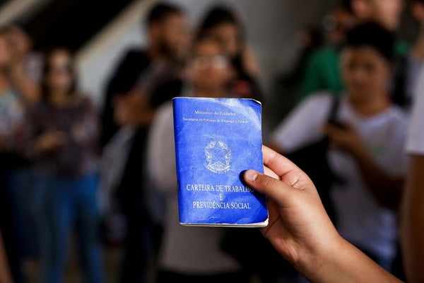 Mão segurando uma carteira de trabalho azul - Metrópoles