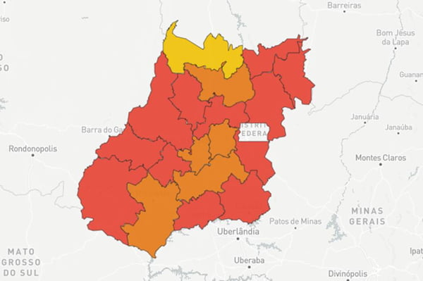 mapa de gravidade da pandemia em goiás aponta entorno do distrito federal de volta ao nível de calamidade