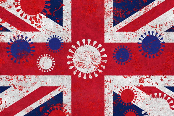 bandeira do reino unido com representação do coronavírus