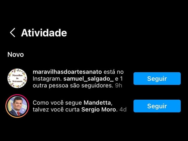 Instagram sugerindo seguir Sergio MOro para quem segue Mandetta