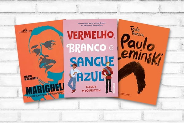 Da esquerda pra direita, capas dos livros "Marighella", de Mário Magalhães; "Vermelho, Branco e Sangue Azul", de Casey McQuiston; e "Toda Poesia", de Paulo Leminski - Metrópoles