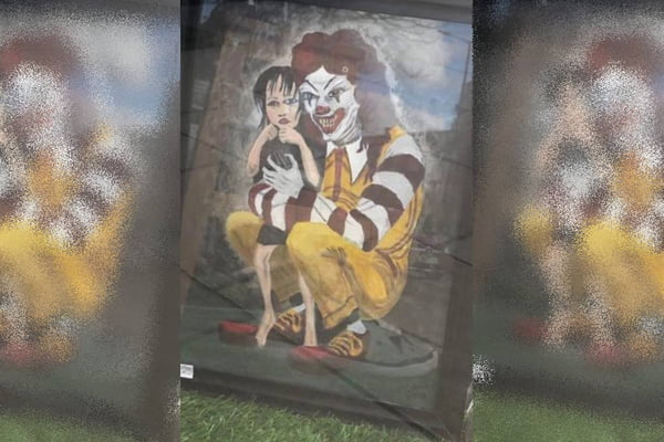 Foto de desenho "demoníaco" do mascote do McDonald's, Ronald McDonald, perto de um dos restaurantes no Londres, Reino Unido. O boneco sorri e segura uma criança - Metrópoles