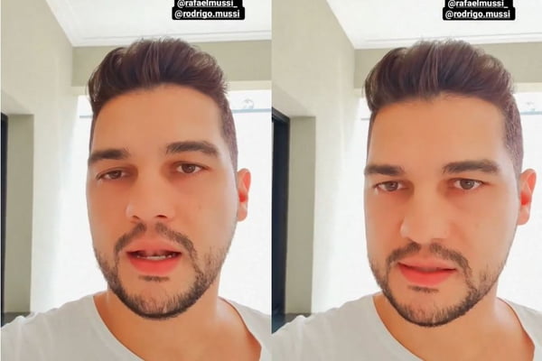 As duas fotos que compõe a imagem mostram Diogo Mussi, irmão de Rodrigo Mussi, de camisa branca, falando sobre o estado de saúde do irmão