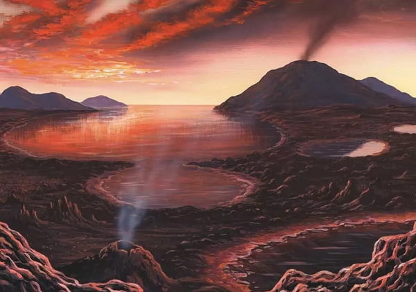 ilustração em cores quentes de uma possível paisagem da superfície de outro planeta