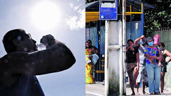 montagem com duas fotos,. uma de um homem bebendo água e outra de pessoas se escondendo do sol na sombra