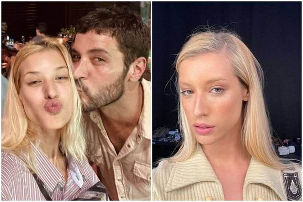 montagem de suas fotos coloridas, ao lado esquerdo um homem beijando a cabeça de uma mulher, e ao direiro uma mulher loira tirando selfie