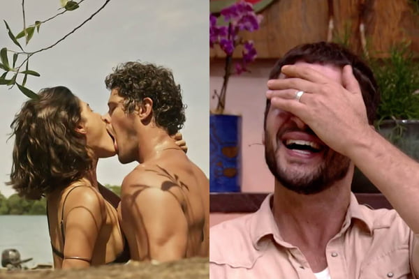 Guta e Tadeu se beijam em Pantanal; à direita, Leandro Lima no É de Casa