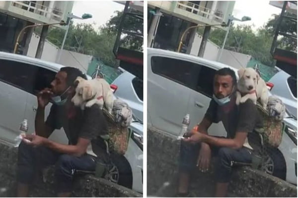 Foto colorida do vendedor ambulante e do seu cachorro