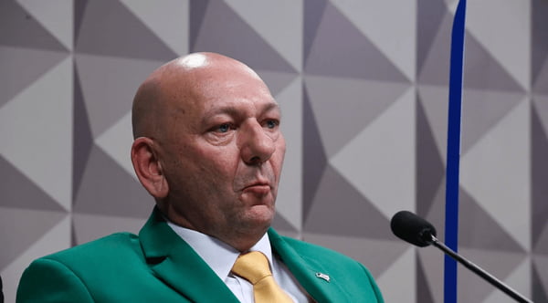 Empresários Foto colorida de Luciano Hang de terno verde no Senado - Metrópoles