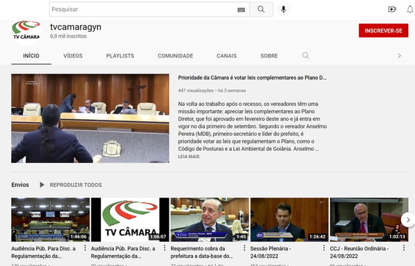 TV Câmara Gyn, canal da Câmara Municipal de Goiânia no Youtube