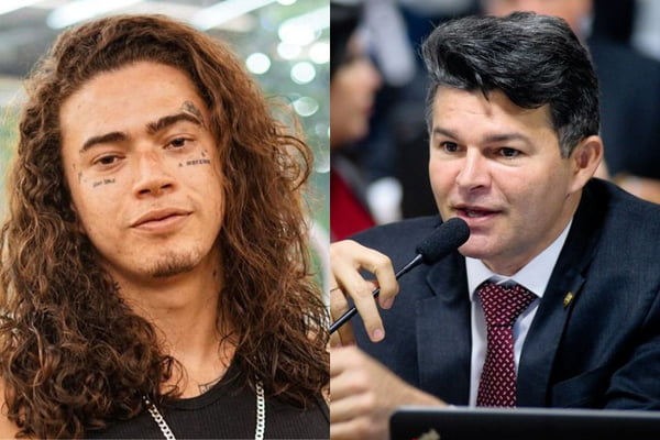 Whinderssn Nunes de cabelo comprido em foto dividida com o deputado bolsonarista e José Medeiros, de terno