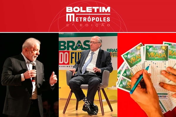 Capa do boletim Metrópoles mostra fotos justapostas do presidente eleito Lula, o vice-presidente eleito Alckmin e uma pessoa fazendo o jogo da Mega-Sena da Virada - Metrópoles