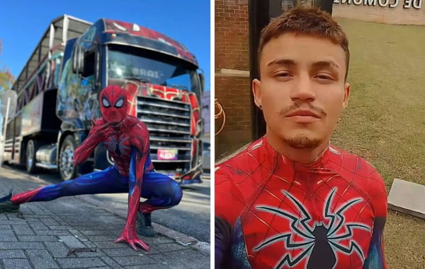 À esquerda, homem posa vestido de homem-aranha na frente de um caminhão. À direita, o mesmo rapaz posa com a fantasia sem a máscara | Metrópoles