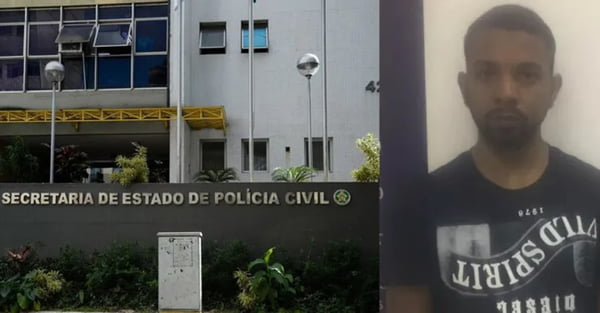 Montagem colorida de uma fachada da polícia civil e a foto do criminoso Rogério 157 - Metrópoles