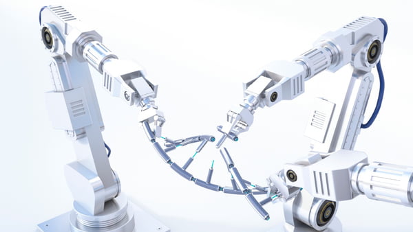 Ilustração colorida de robôs mexendo em código genético - Metrópoles