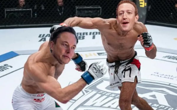 Imagem colorida de suposta "luta" entre Elon Musk e Mark Zuckerberg