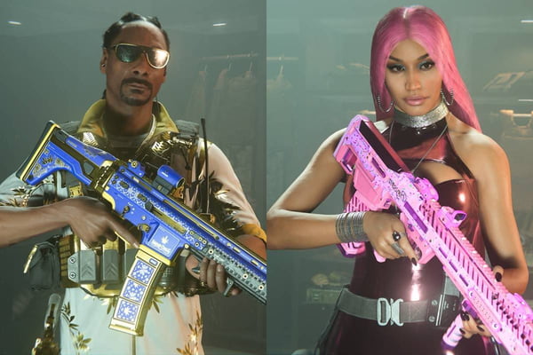 montagem com desenhos de Snoop Dogg e Nicki Minaj com armas em punho - metrópoles
