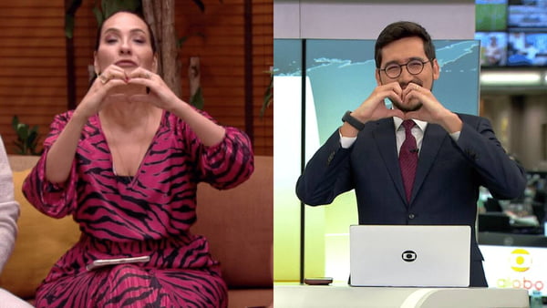 Na foto, uma montagem com os jornalistas Maria Beltrão e nilson klava fazendo um sinal de coração com as mãos - Metrópoles