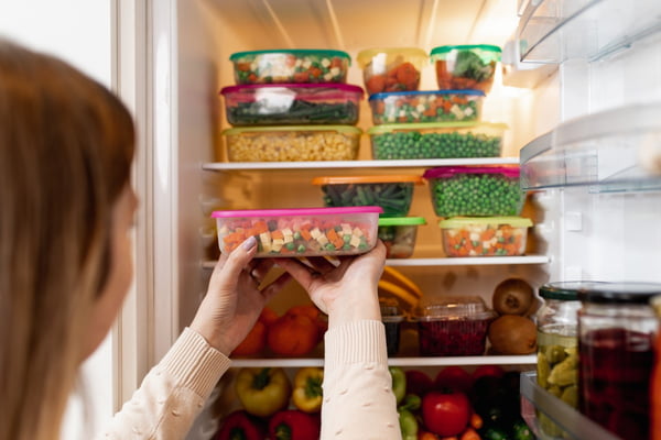 Foto colorida de mulher guardando vasilha com alimentos em uma geladeira cheia - Metrópoles