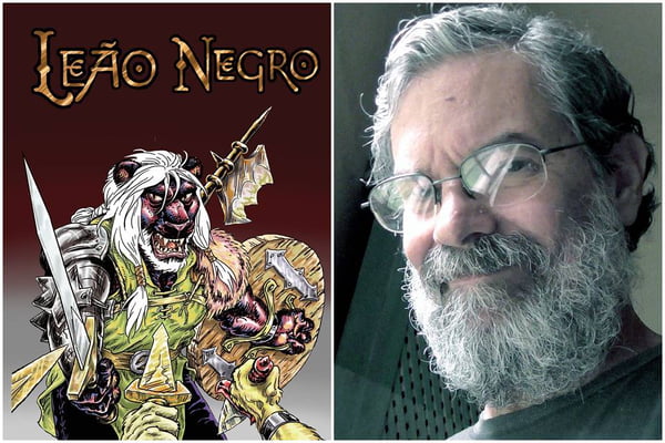 Montagem colorida com capa do livro de quadrinhos Leão Negro e o quartunista Ofeliano