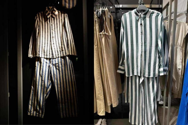 Na imagem com cor, roupa usada por detentos de campos de concentração e roupas da loja Riachuelo - Metrópoles