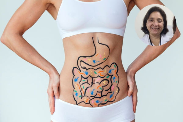 Foto colorida de mulher com o desenho de intestino na pele da região abdominal. Em um círculo, tem a foto de uma médica - Metrópoles