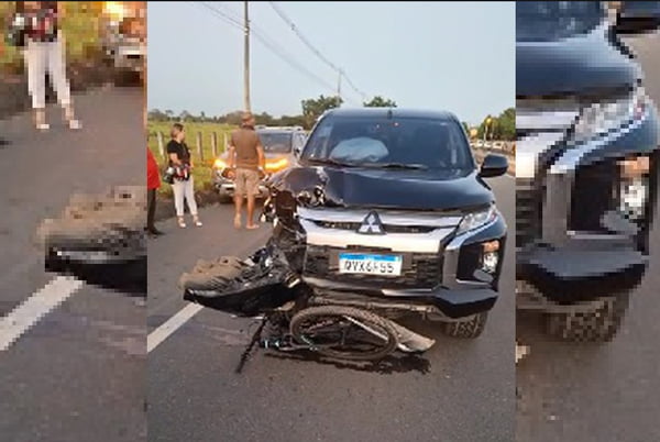 Imagem colorida mostra bicicleta destruída após ser atingida po veículo Mitsubishi em acidente que matou PM em Alagoas - Metrópoles