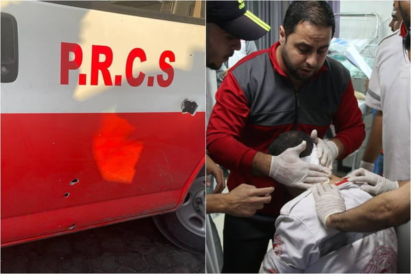Foto colorida de ambulância atacada por militares de Israel em Gaza - Metrópoles