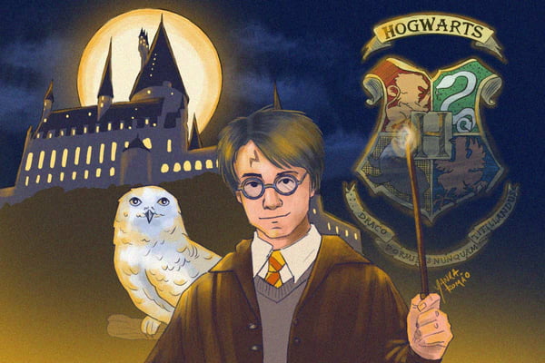 Ilustração Harry Potter com elementos da saga em fundo azul - Metrópoles