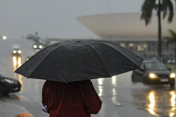 Foto colorida de pessoa usando guarda-chuva em Brasília - metrópoles
