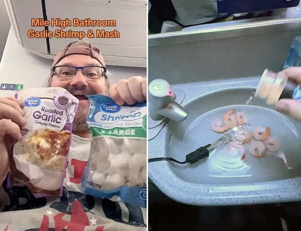 Na imagem, duas fotos de um tiktoker cozinhando no banheiro de um avião - Metrópoles