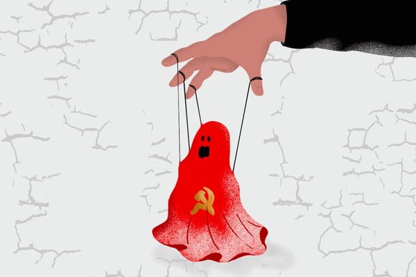 Ilustração mão com 4 dedos manipula o fantasma do comunismo